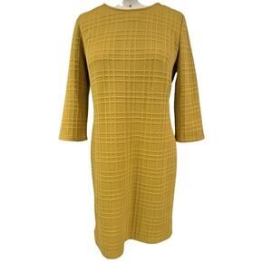 Sharagano mustard yellow 3D Poly Spandex Stretch dress zipper back Sz 14